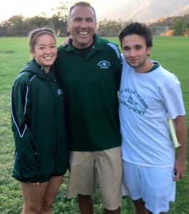 OVS cross country coach Fred Alvarez with two of his graduating seniors, Ally Feiss and Cole Zellner -- Photo by Tony Yang